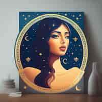 Free photo a painting of a woman with long hair and a gold frame with the words moon on it