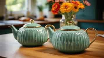 Free photo pair of green ceramic teapots sits on a wooden counter in a bright contemporary kitchen