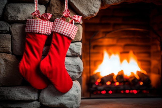 Free Photo a pair of red christmas stockings hanging by a fireplace on christmas eve