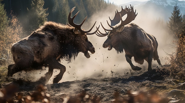 Free photo pair of wild elks fighting each other in nature