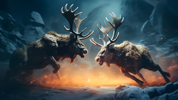 Free photo pair of wild elks fighting each other in nature