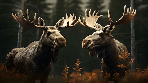 Pair of wild elks in nature