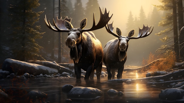 Pair of wild elks in nature