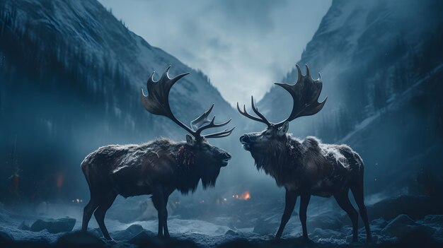 Pair of wild elks in nature