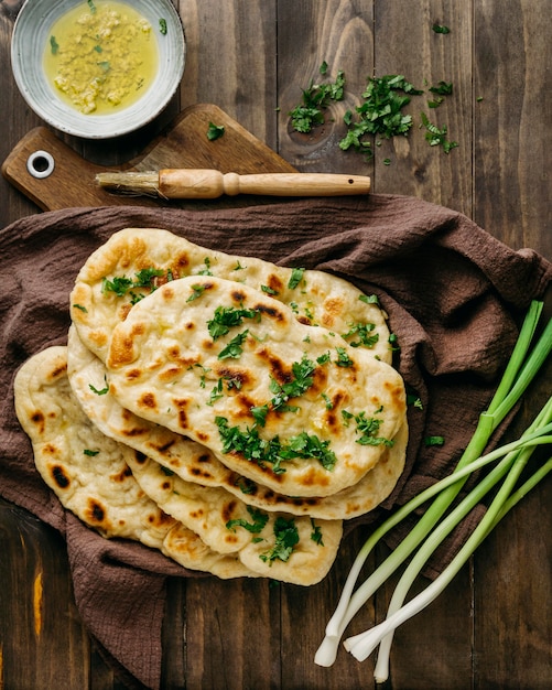 Pakistani food on cloth top view