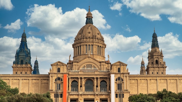 Free photo the palau nacional in barcelona, spain. cloudy sky