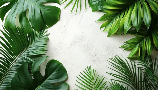 Palm leaves laid out on a background of old plaster with space for a concept in center postcard