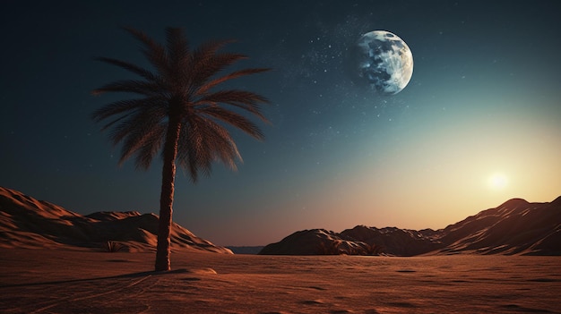 Free photo a palm tree in the desert with the moon in the background