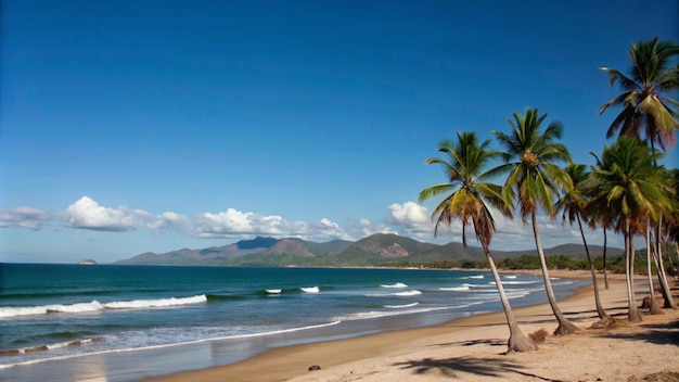 Free photo palm trees line a tropical beach with blue water and a mountain range in the distance