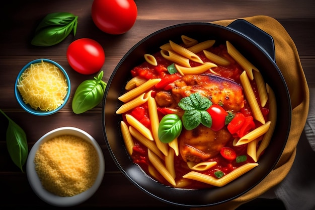 Free Photo a pan of pasta with tomato sauce and basil on top.