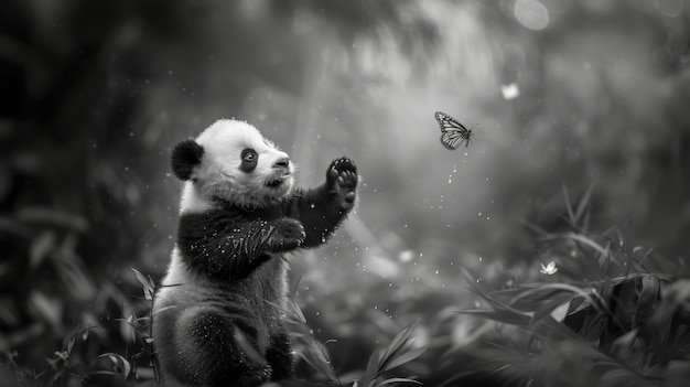 Free photo panda bear portrait in black and white