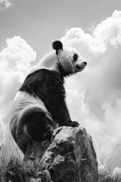 Panda bear portrait in black and white