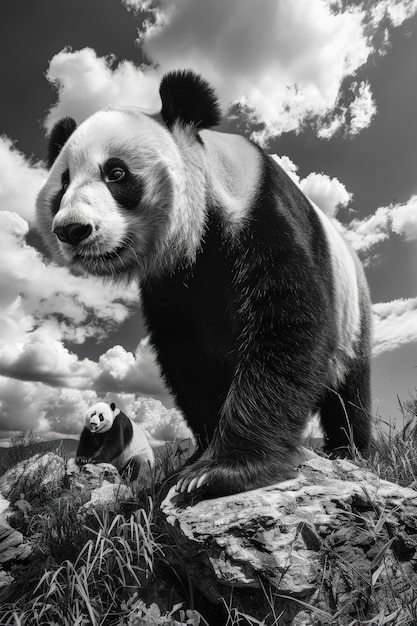 Free Photo panda bear portrait in black and white