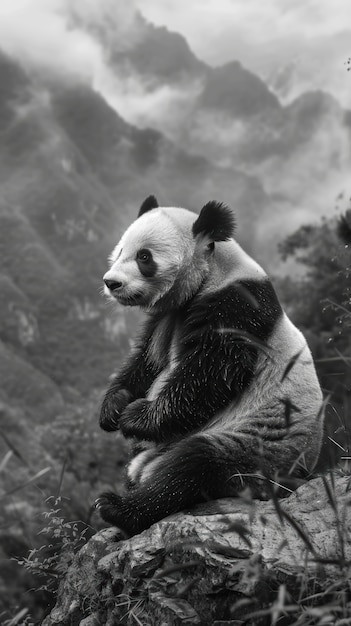 Panda bear portrait in black and white