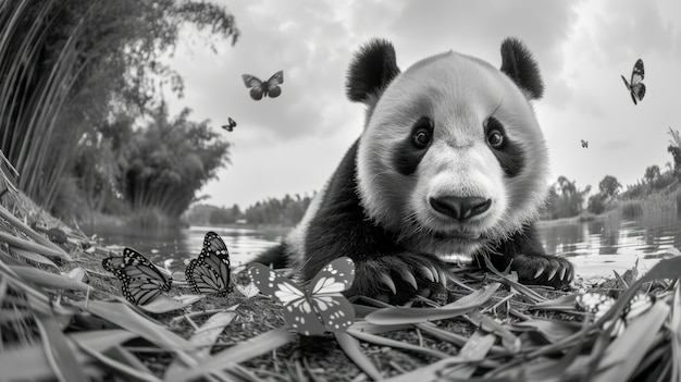 Free photo panda bear portrait in black and white