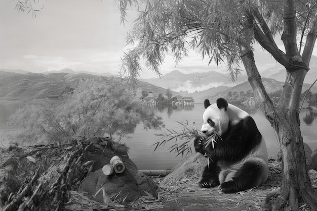 Free Photo panda bear portrait in black and white