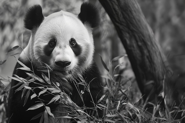 Free photo panda bear portrait in black and white