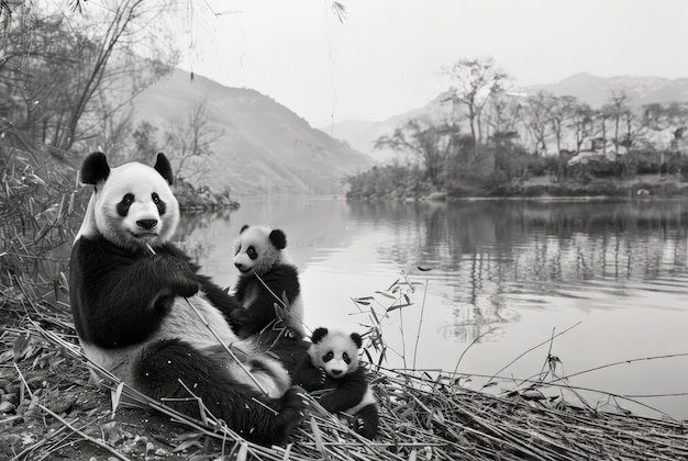 Free Photo panda bear portrait in black and white