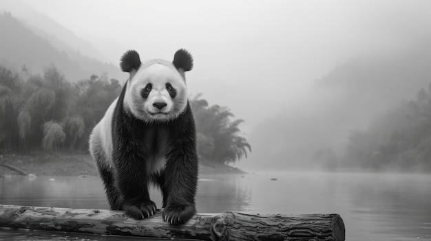 Panda bear portrait in black and white