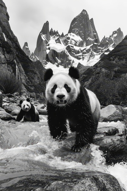 Free Photo panda bear portrait in black and white