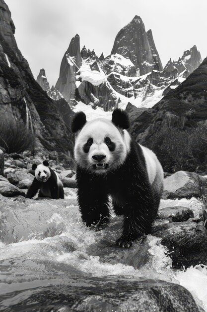 Panda bear portrait in black and white