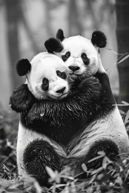 Free photo panda bear portrait in black and white