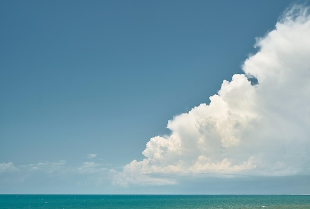 Panorama of the flying sea and blue sky with clouds summer weekend background for screensaver or wallpaper on the screen or advertising free space for text