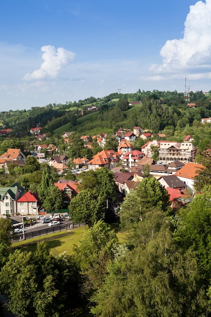 Free photo panorama over a mountain city in the sping. traveling and architecture