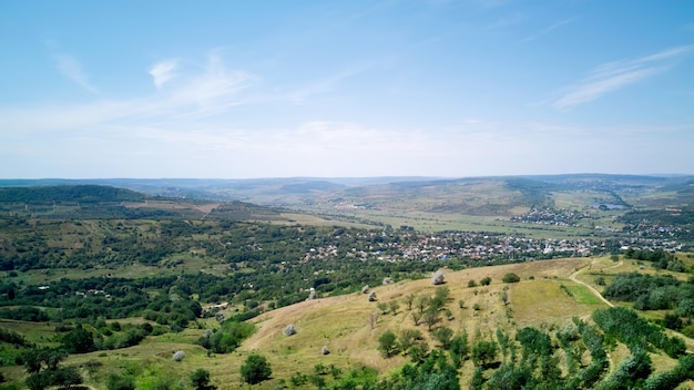 Panorama shot of a field and blue sky