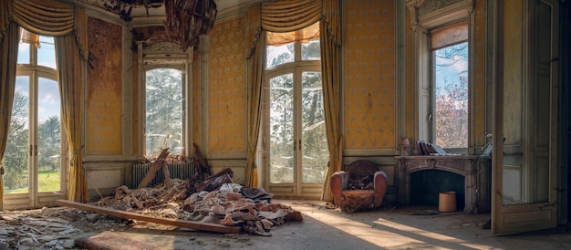 Free Photo panoramic shot of an abandoned ruined living room