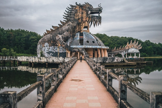 Panoramic shot of an abandoned water park at Thuy Tien lake in Hương Vietnam