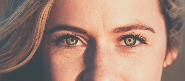 Free photo panoramic shot of beautiful females face with green eyes looking towards