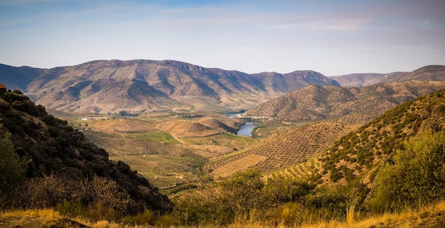 Free photo panoramic shot of a beautiful landscape of mountain and river at sunset in portugal