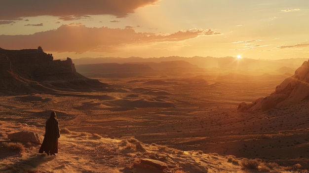 Free Photo a panoramic shot of a sprawling desert landscape with a lone figure walking towards the setting sun epic establishing shot