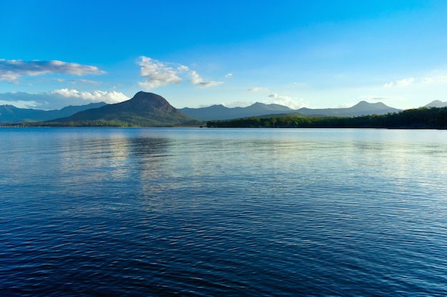 Free Photo panoramic shot of a tranquil lake reflecting the blue sky