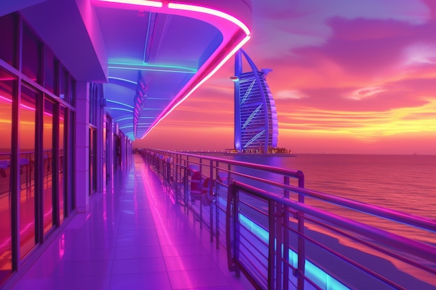 Free Photo panoramic view of dubai city illuminated in a neon spectrum