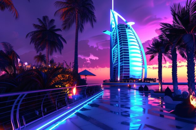 Panoramic view of dubai city illuminated in a neon spectrum