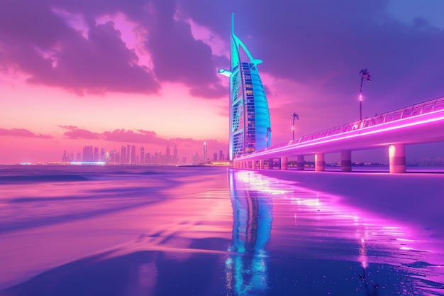 Free photo panoramic view of dubai city illuminated in a neon spectrum