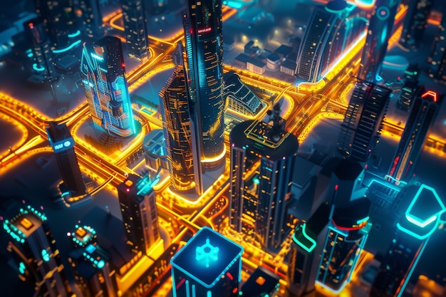 Panoramic view of dubai city illuminated in a neon spectrum