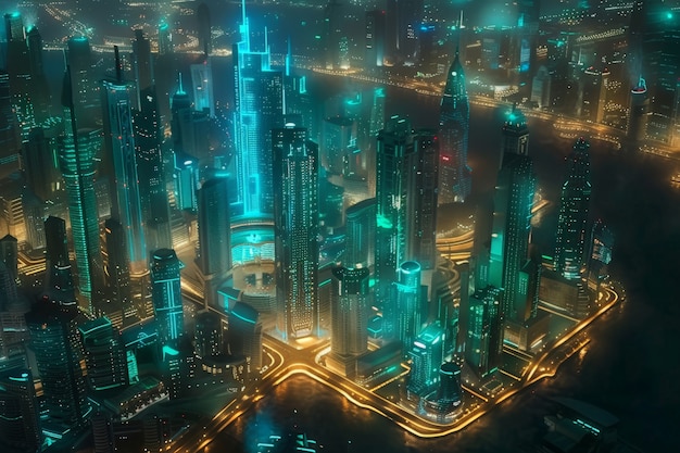 Panoramic view of dubai city illuminated in a neon spectrum