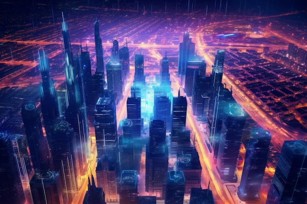 Panoramic view of dubai city illuminated in a neon spectrum