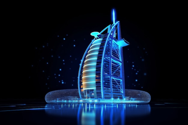 Free photo panoramic view of dubai city illuminated in a neon spectrum