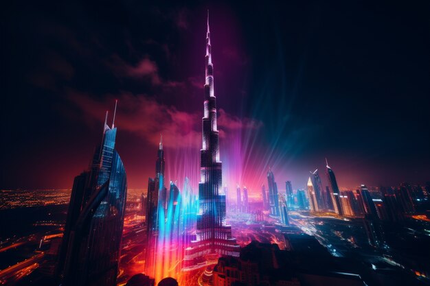 Free Photo panoramic view of dubai city illuminated in a neon spectrum