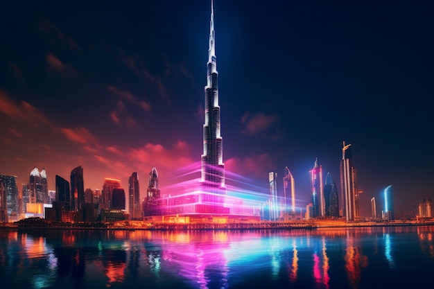 Free photo panoramic view of dubai city illuminated in a neon spectrum