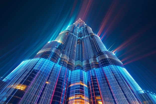 Panoramic view of dubai city illuminated in a neon spectrum