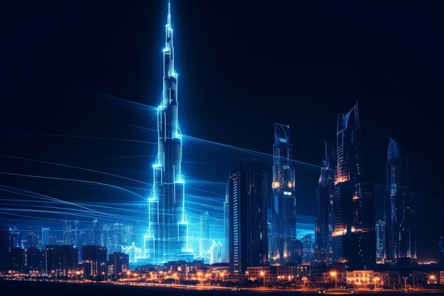 Panoramic view of dubai city illuminated in a neon spectrum