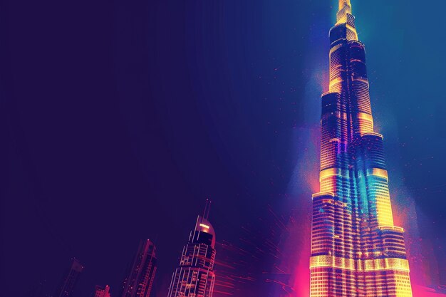 Panoramic view of dubai city illuminated in a neon spectrum