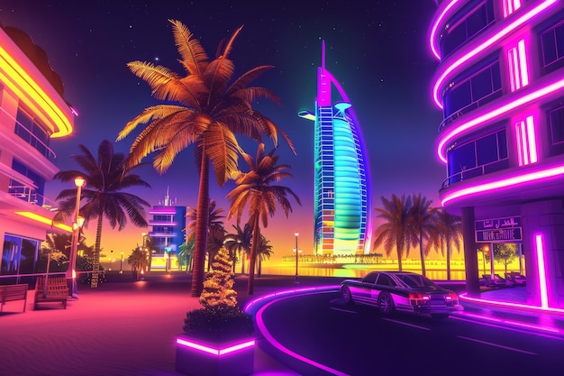 Panoramic view of dubai city illuminated in a neon spectrum