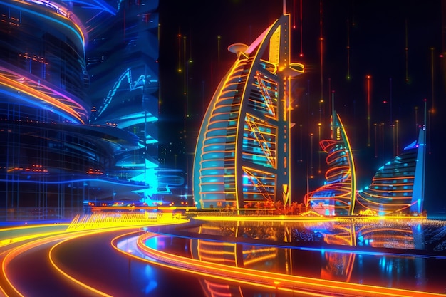 Free Photo panoramic view of dubai city illuminated in a neon spectrum