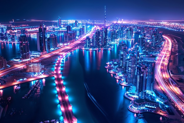 Panoramic view of dubai city illuminated in a neon spectrum